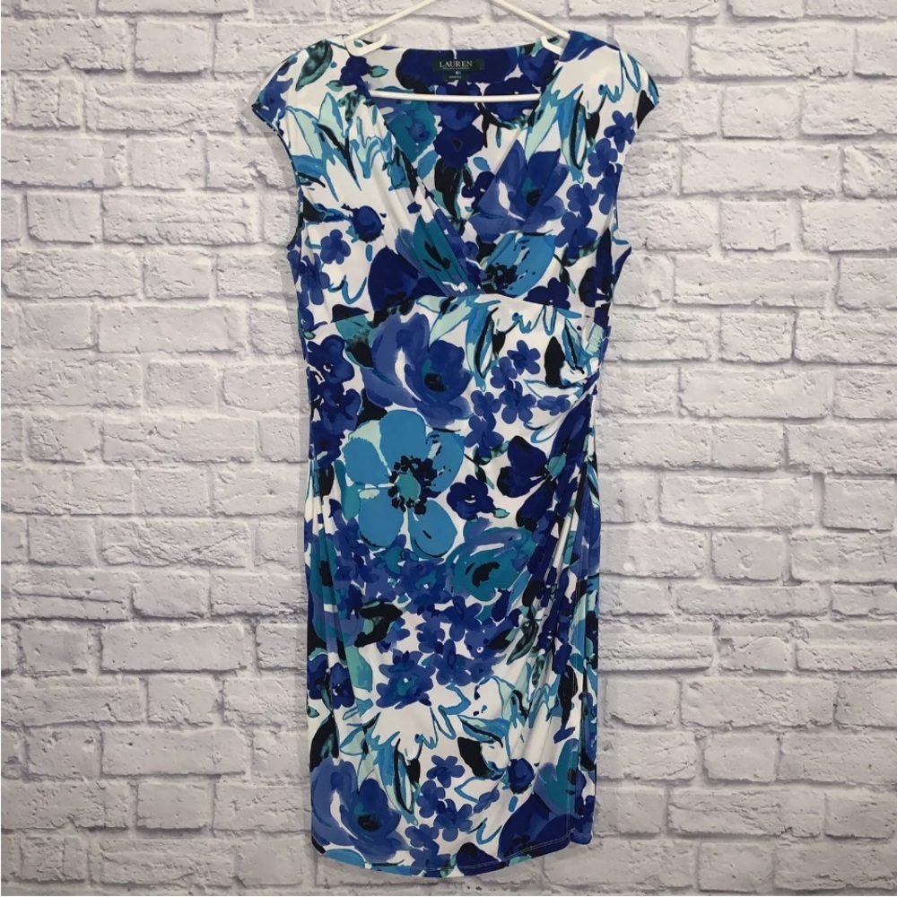 Lauren Ralph Lauren Blue White Flora Slinky Stretch Draped Shirred Dress Sz 16
